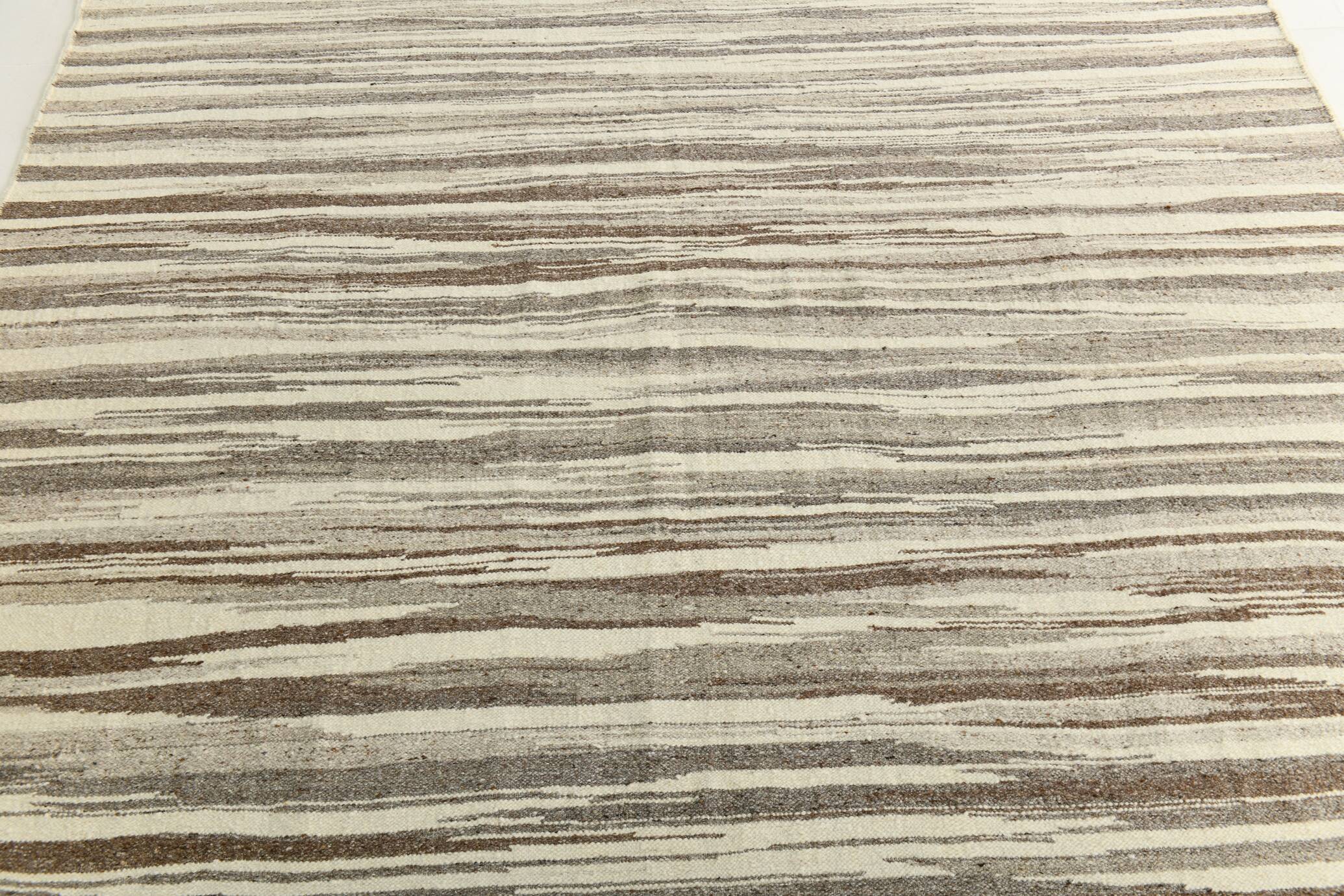 8x11 Brown Beige Minimalist Handmade Wool Kilim Rug, 226x350Cm