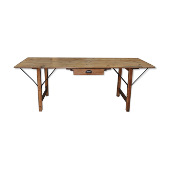 Table de travail vintage en sapin et en métal années 30