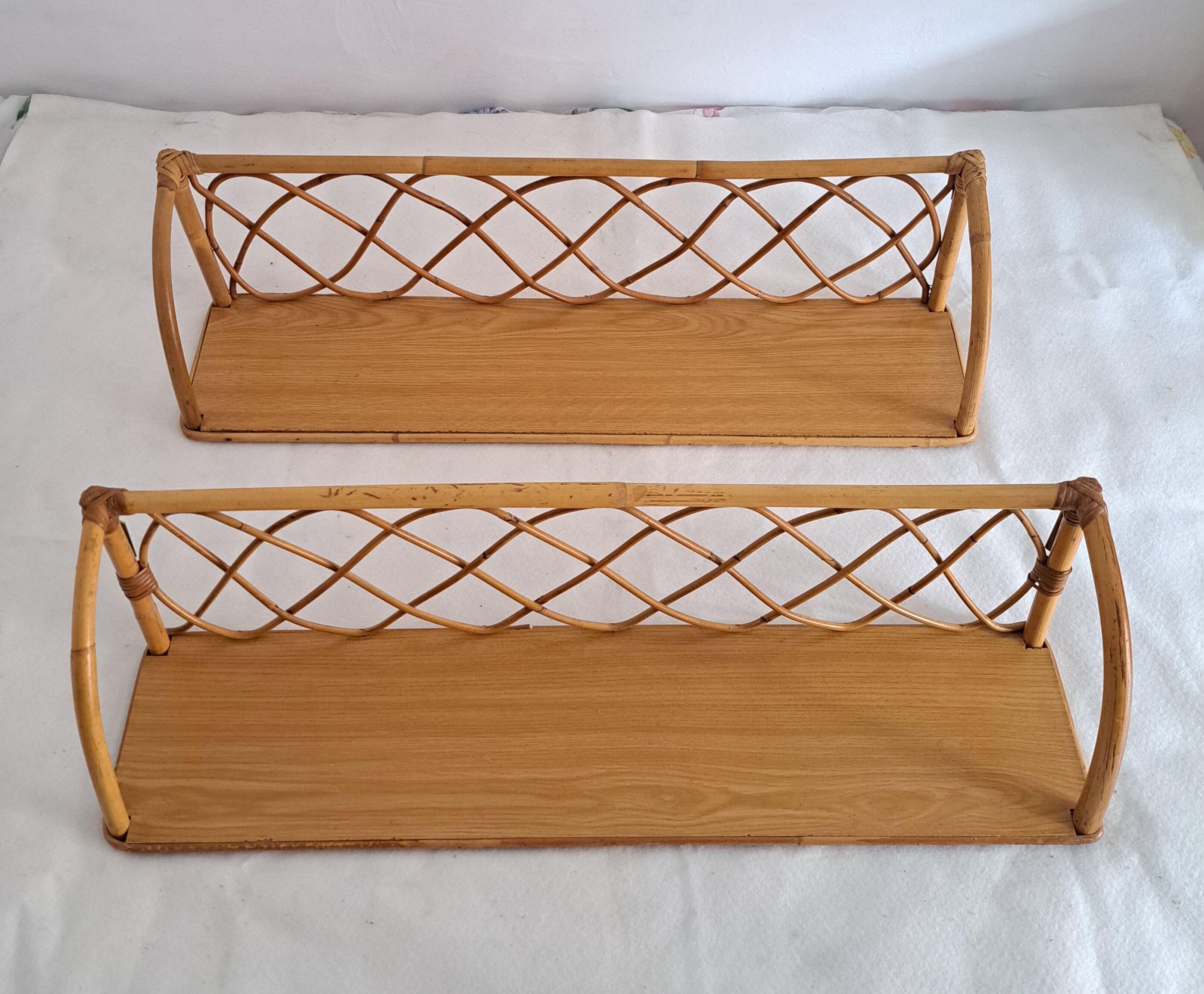 Pair of wall shelves made of bamboo and rattan