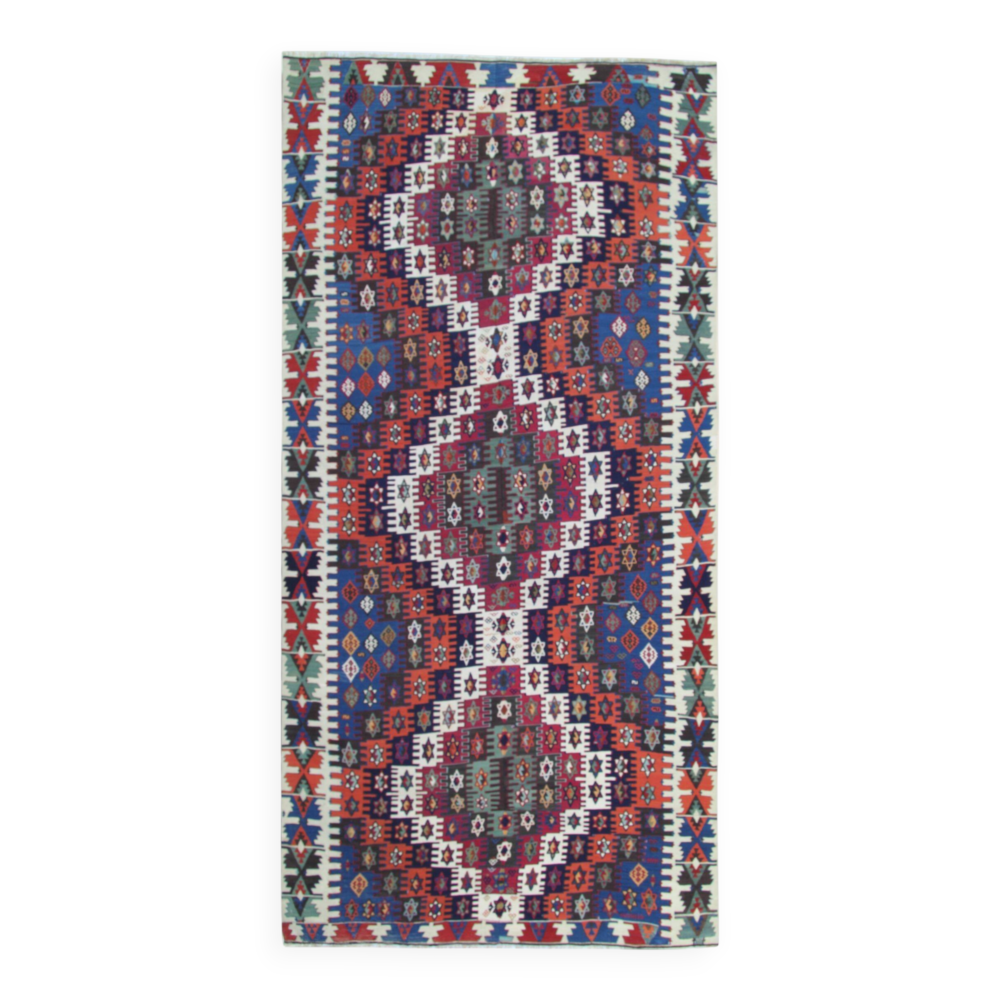Konya Kilim Runner Rug 1930s, Tribal Geometric Wool Flatweave 350x170cm