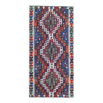 Konya Kilim Runner Rug 1930s, Tribal Geometric Wool Flatweave 350x170cm