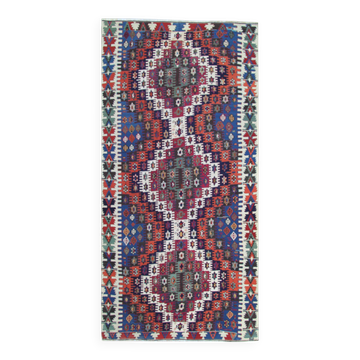 Konya Kilim Runner Rug 1930s, Tribal Geometric Wool Flatweave 350x170cm