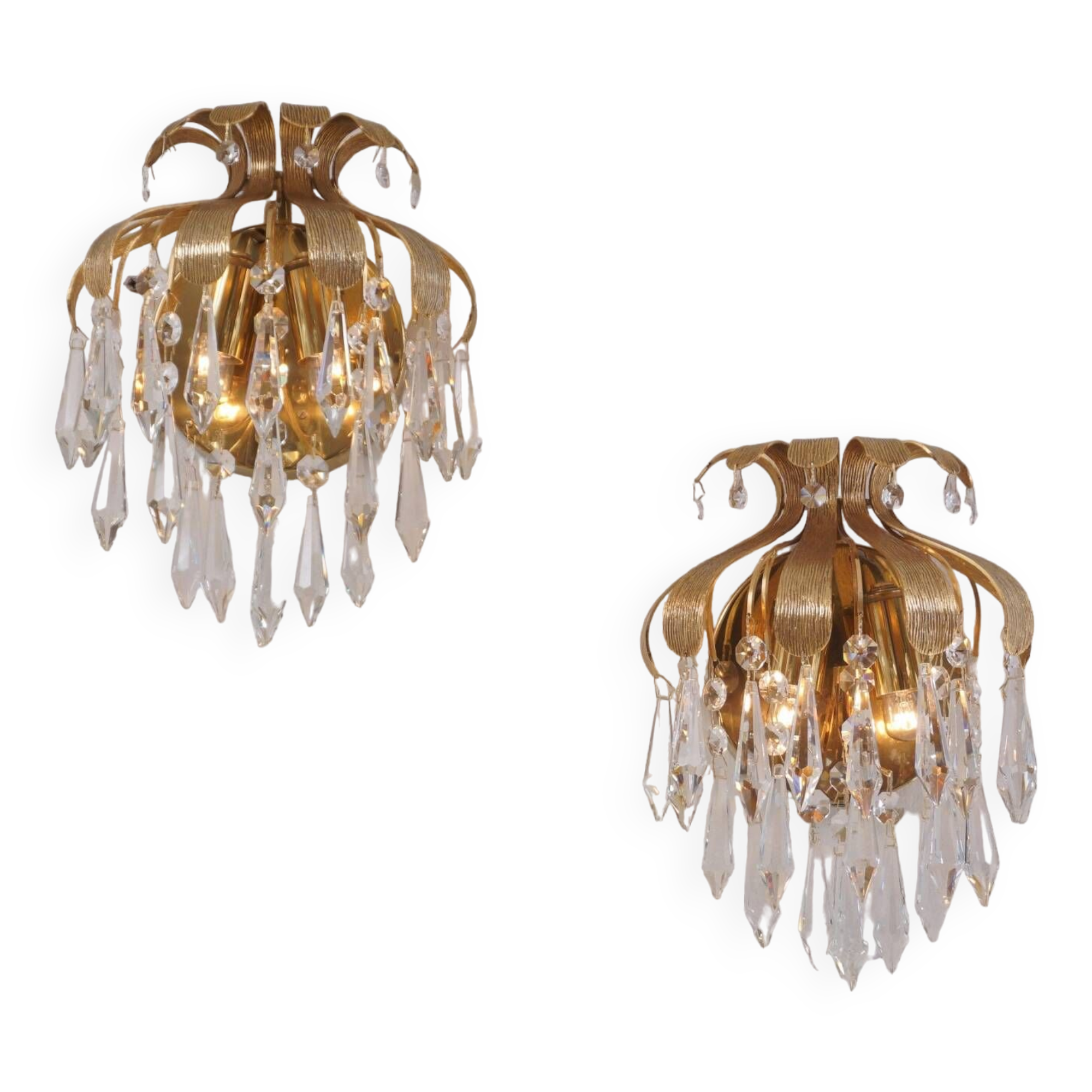 Palwa crystal pair wall lights sconces by Ernst Palme, brass pineapple, 1960`s, German
