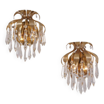 Palwa crystal pair wall lights sconces by Ernst Palme, brass pineapple, 1960`s, German