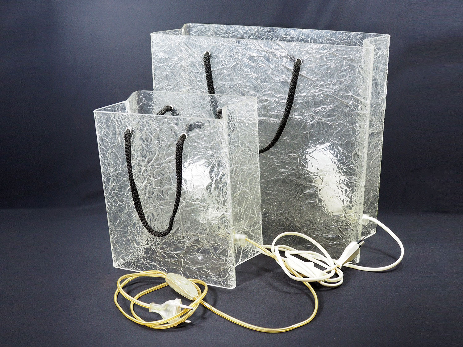 Lucite shopping bag lamps mid-century, set of 2