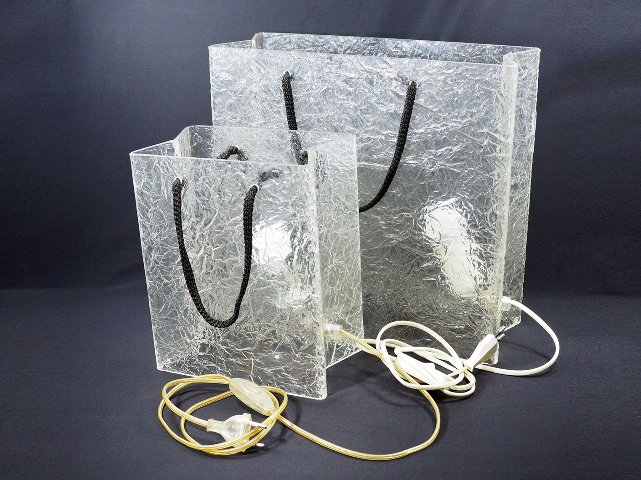 Lucite shopping bag lamps mid-century, set of 2