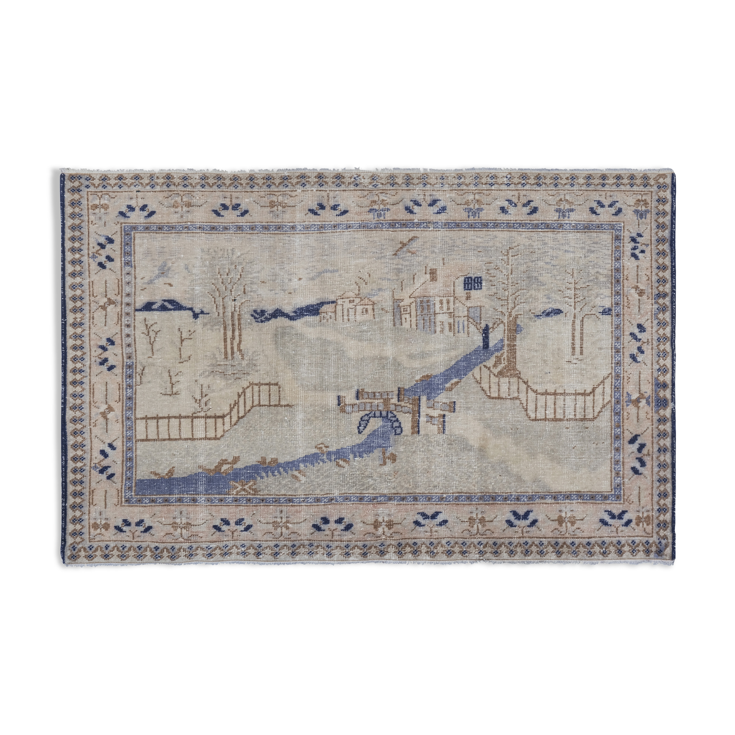 Shabby chic vintage turkish village pictorial rug 3'7'' x 5'4''