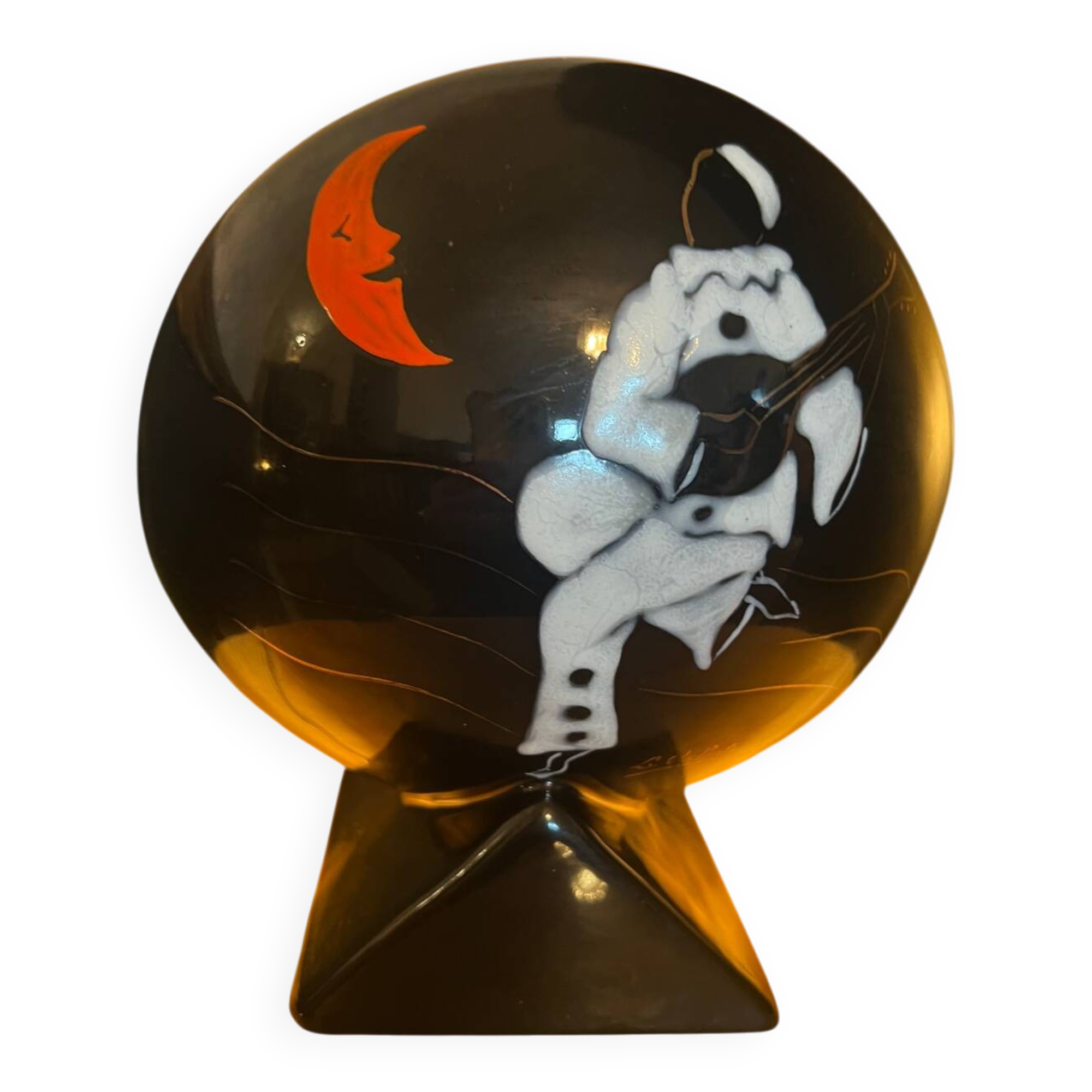 Glazed Earthenware Ball Lamp - Longwy Enamels - "Pierrot at the" Decor