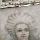 Pastel woman on cardboard with window 18th old frame in its own juice