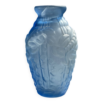 Vase vintage art déco en  verre bleu H27