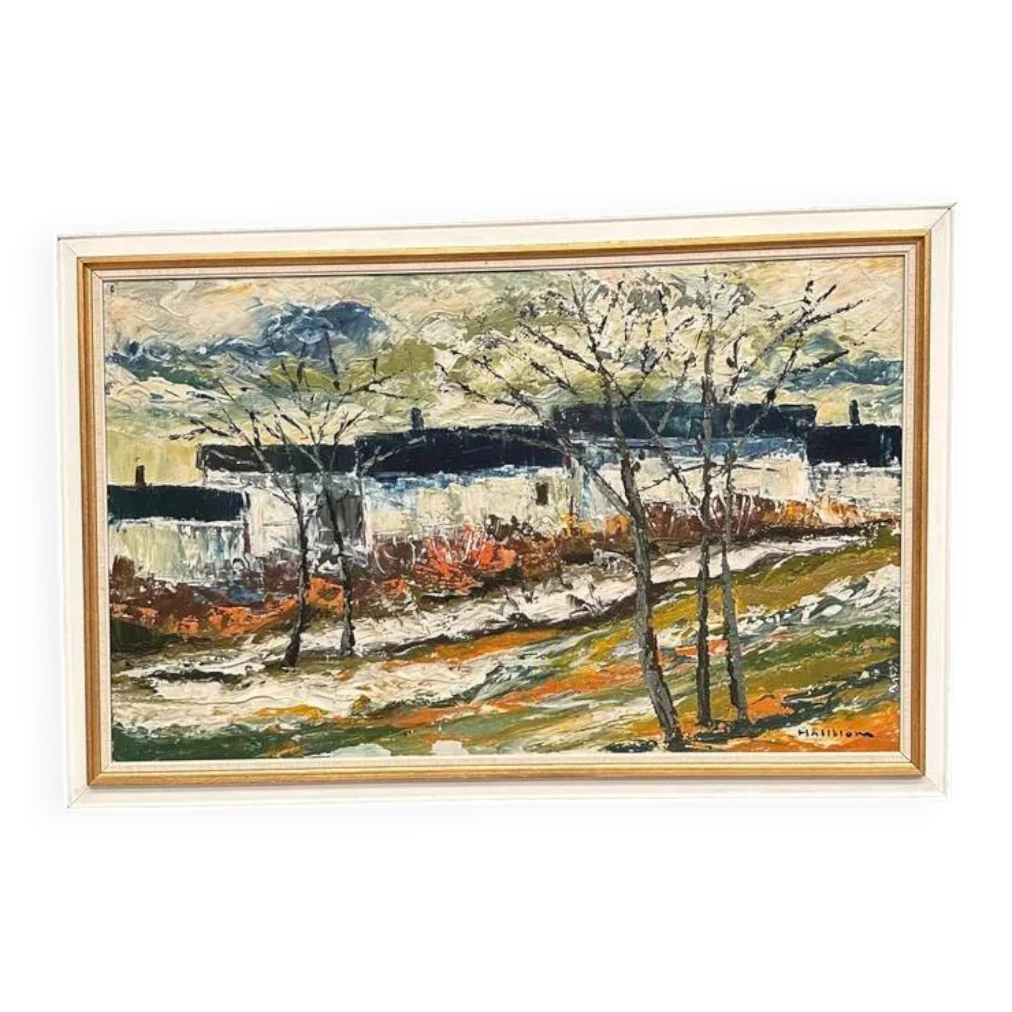 Large Original Swedish Oil on Panel – “Landscape with Houses and Trees” by Stig Hallblom – Signed – Vintage & Framed 90×59.5cm (35.4"×23.4")