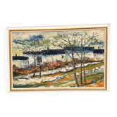 Large Original Swedish Oil on Panel – “Landscape with Houses and Trees” by Stig Hallblom – Signed – Vintage & Framed 90×59.5cm (35.4"×23.4")