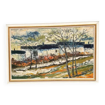 Grande huile sur panneau suédois d'origine – « Paysage avec maisons et arbres » par Stig Hallblom – Signée – Vintage et encadrée 90×59,5 cm (35,4"×23,4")