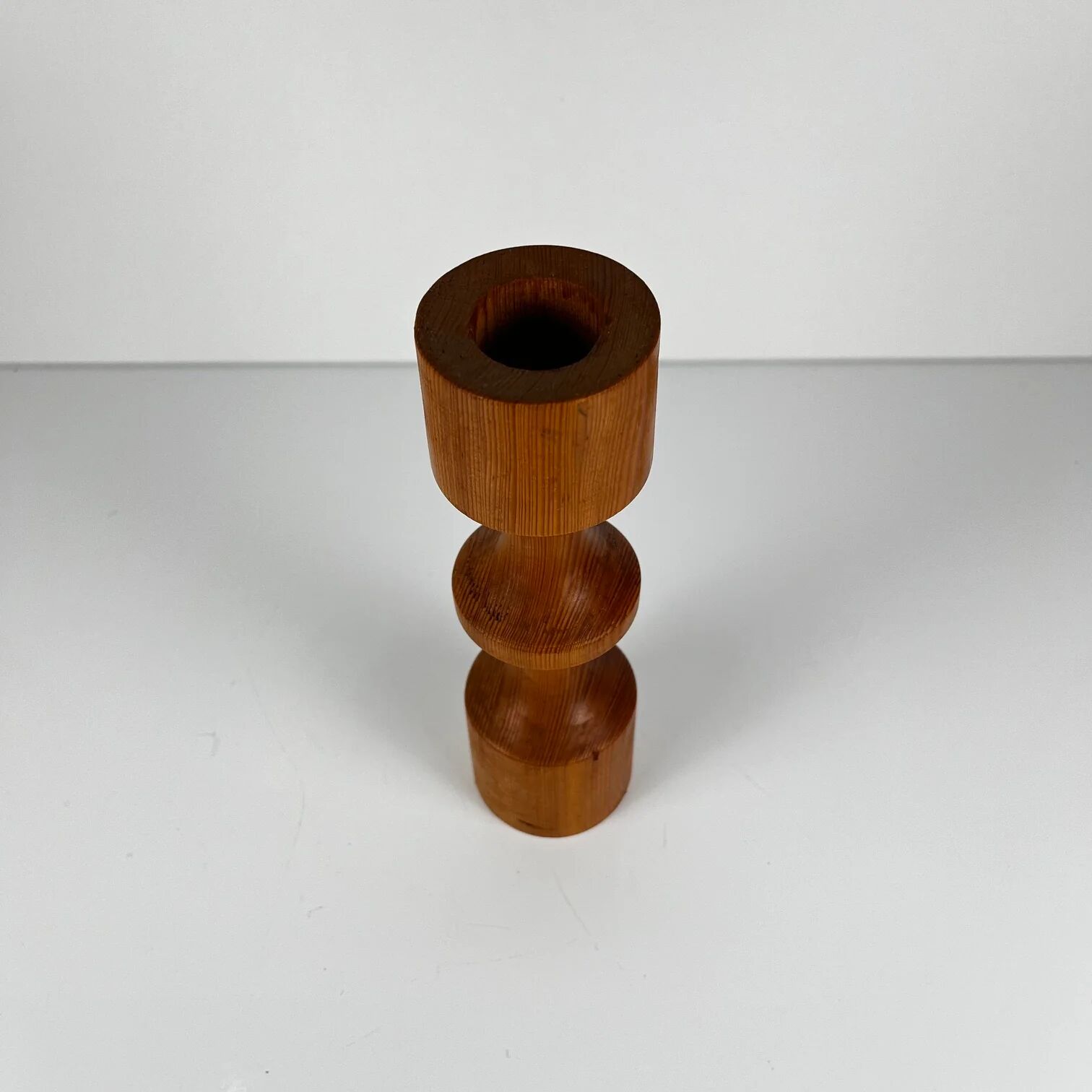 Turned wooden candlestick, pine, Midcentury Modern, 1970