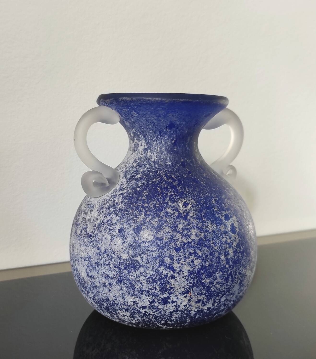 Vintage cobalt blue powdered glass amphora vase