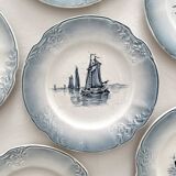 6 assiettes à dessert anciennes en faïence "Marine" Orchies