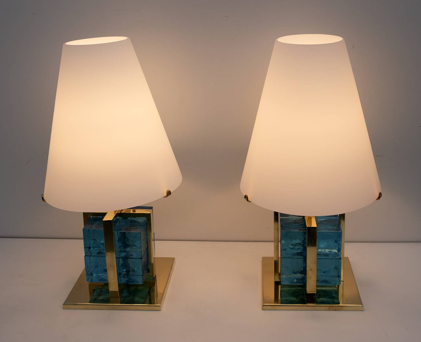 Pair of Contemporary Murano Glass and Brass Table Lamps