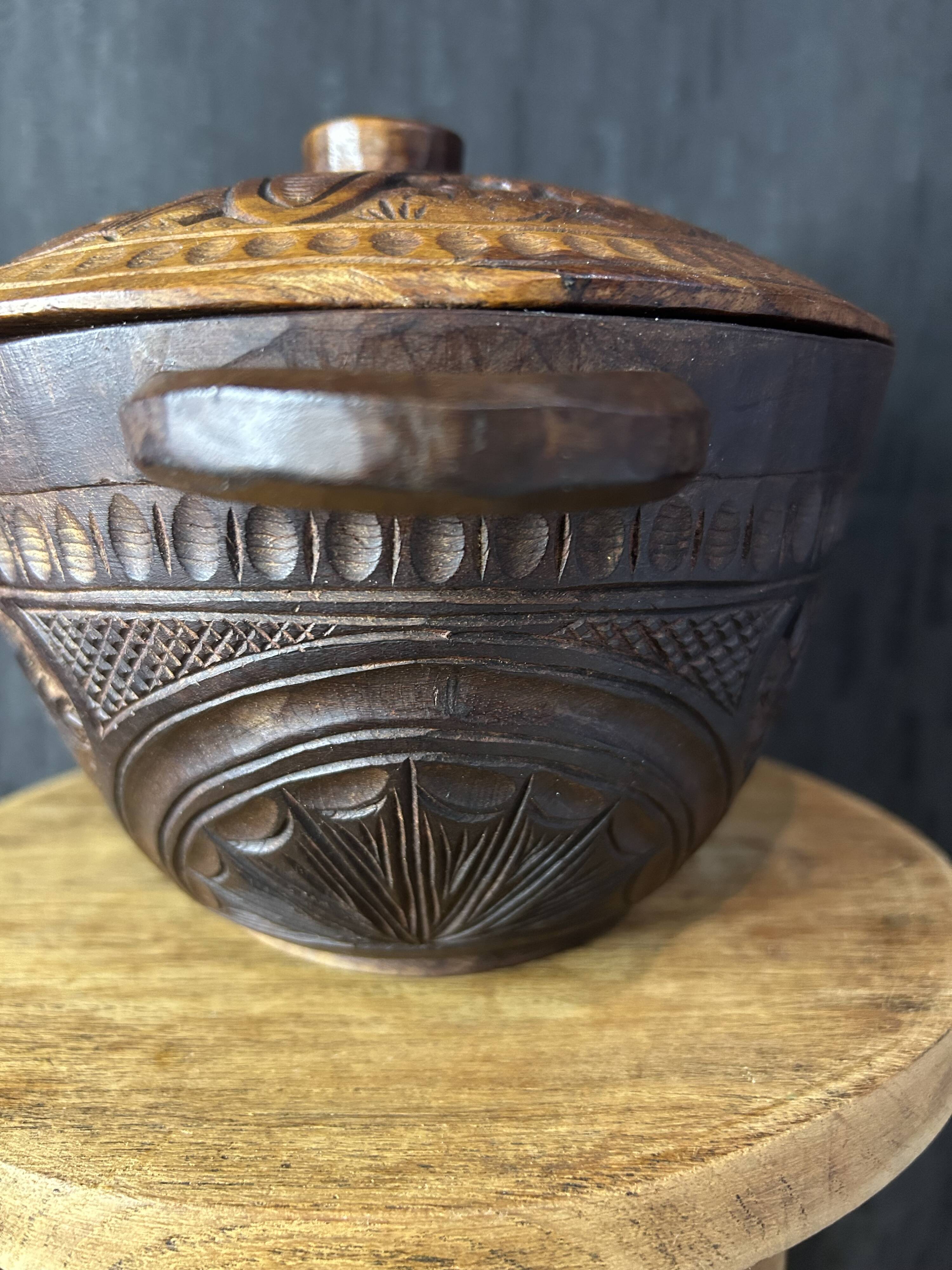 African Art - Madagascar - Vintage - Covered Pot - Carved Rosewood - 1950