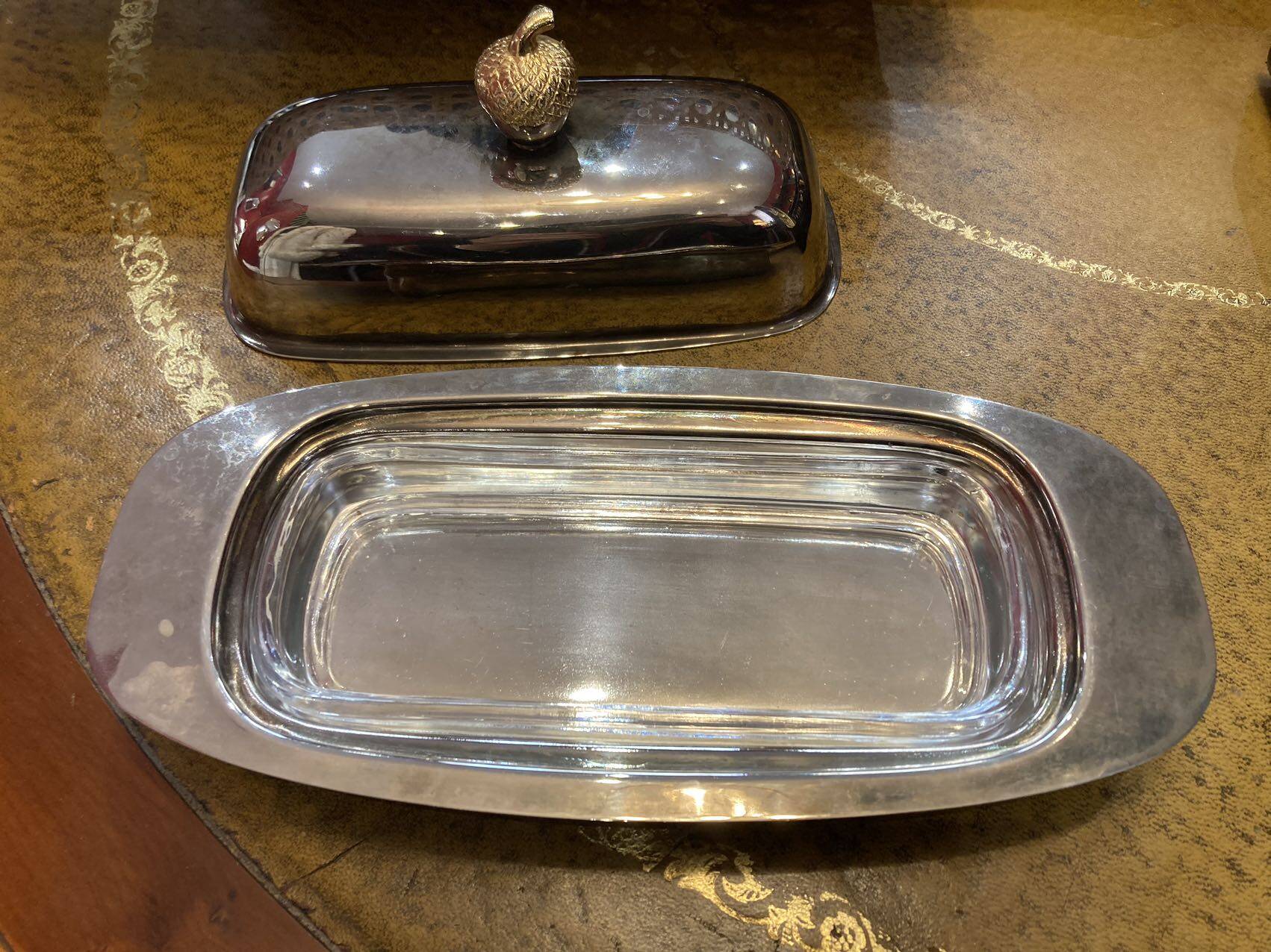 Vintage metal and glass butter dish