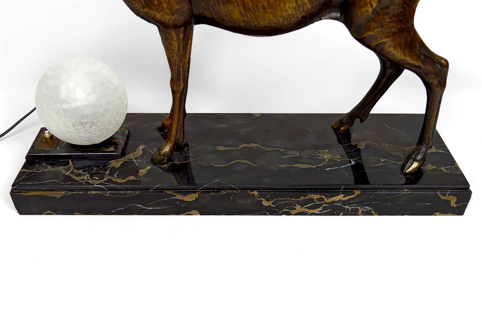 Important Bronze and Marble Sculptural Lamp, Deer, Art Deco, France