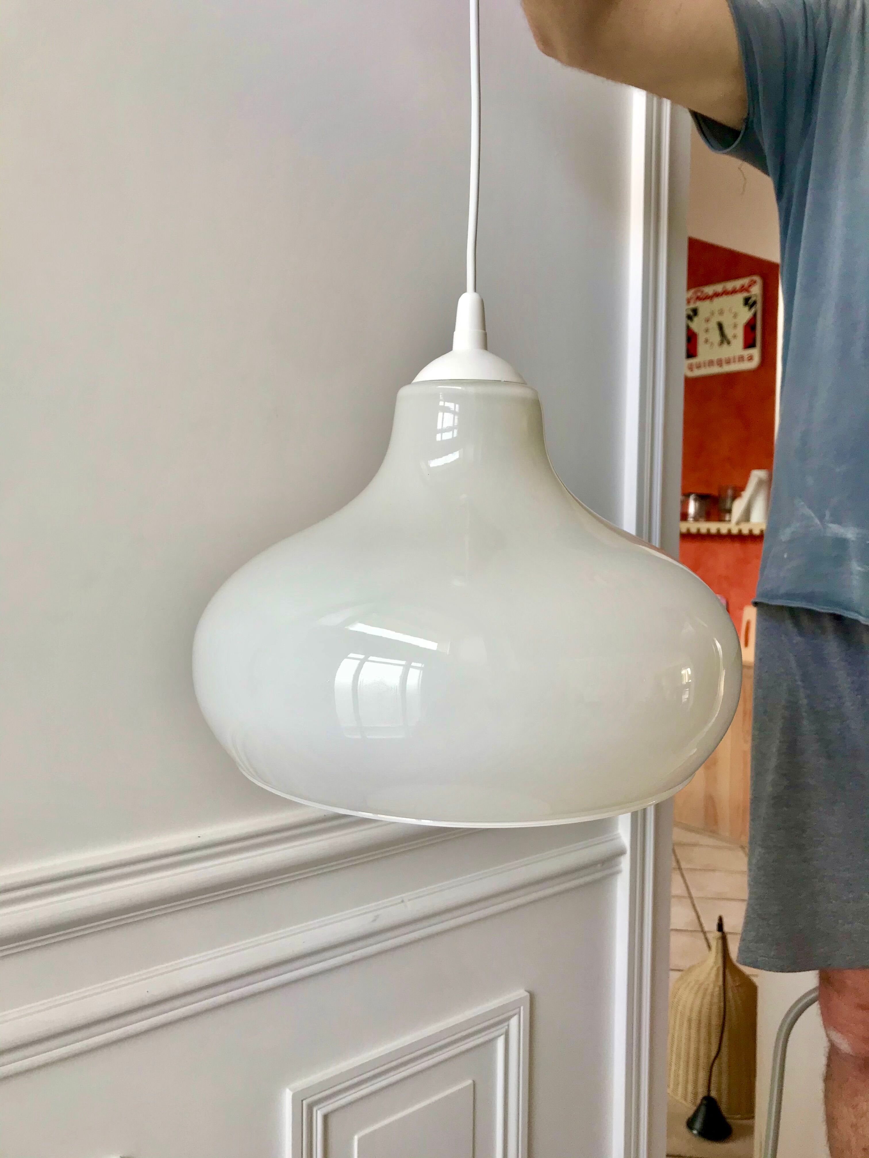pendant light in white opaline mushroom design from the 70s
