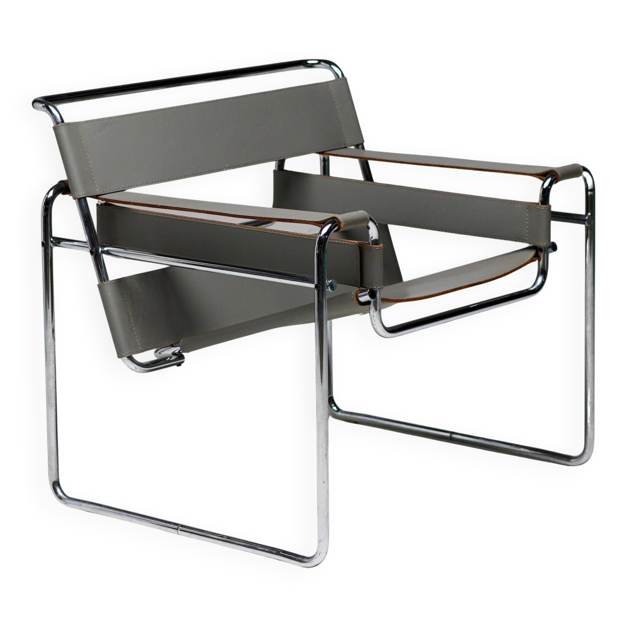 Wassily chair in grey leather by Marcel Breuer for Gavina, 1960, signed.