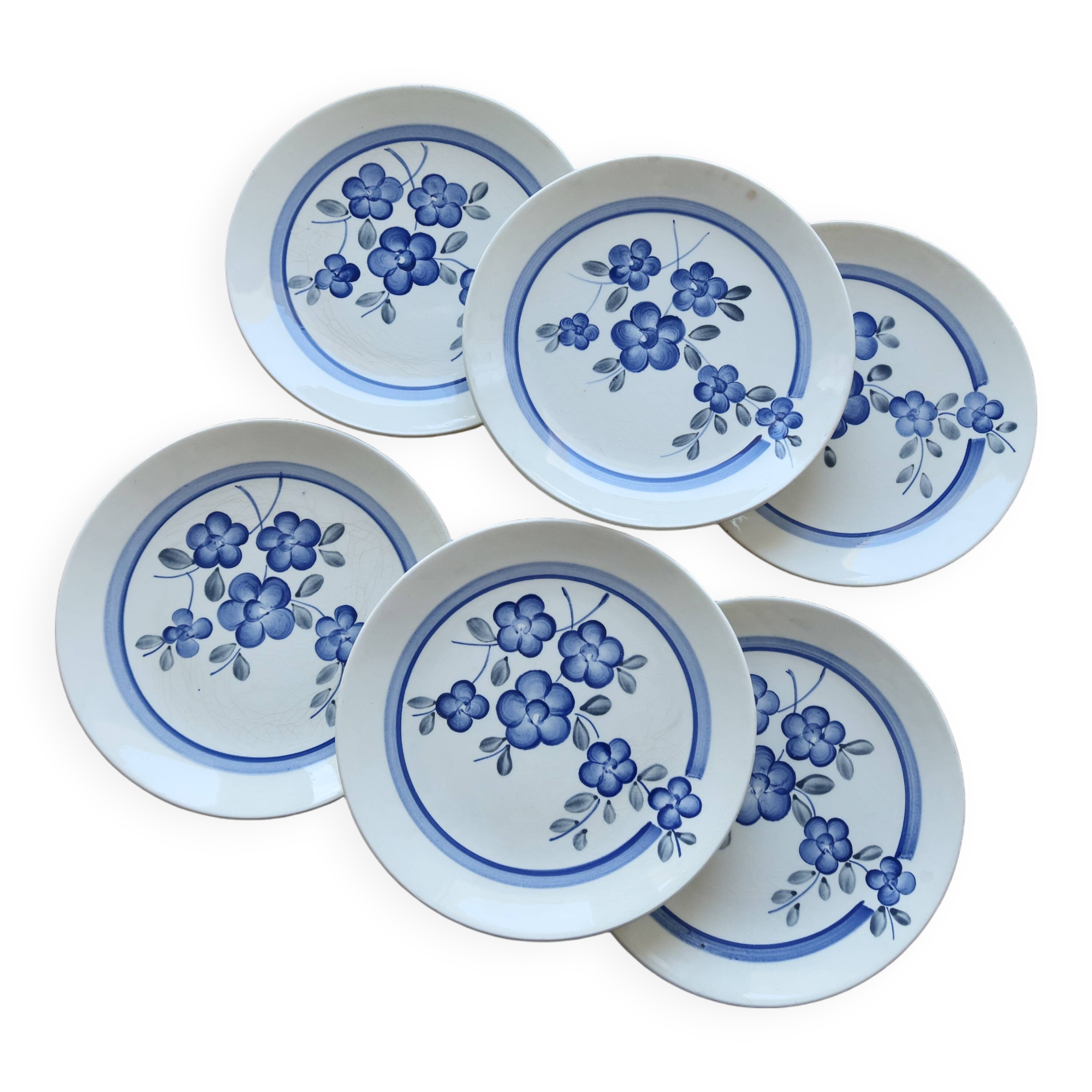 6 assiettes à dessert vintage faience de Gien modèle Nancay motif fleuri bleu peint à la main