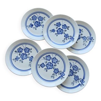 6 assiettes à dessert vintage faience de Gien modèle Nancay motif fleuri bleu peint à la main