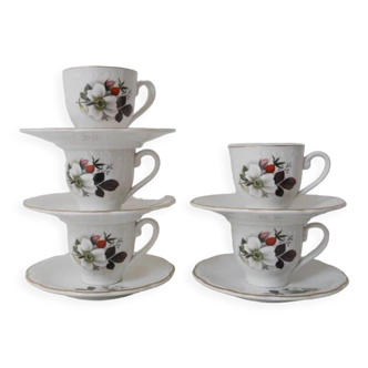 Set of 5 coffee cups Digoin and Sarreguemines, flowers in pattern