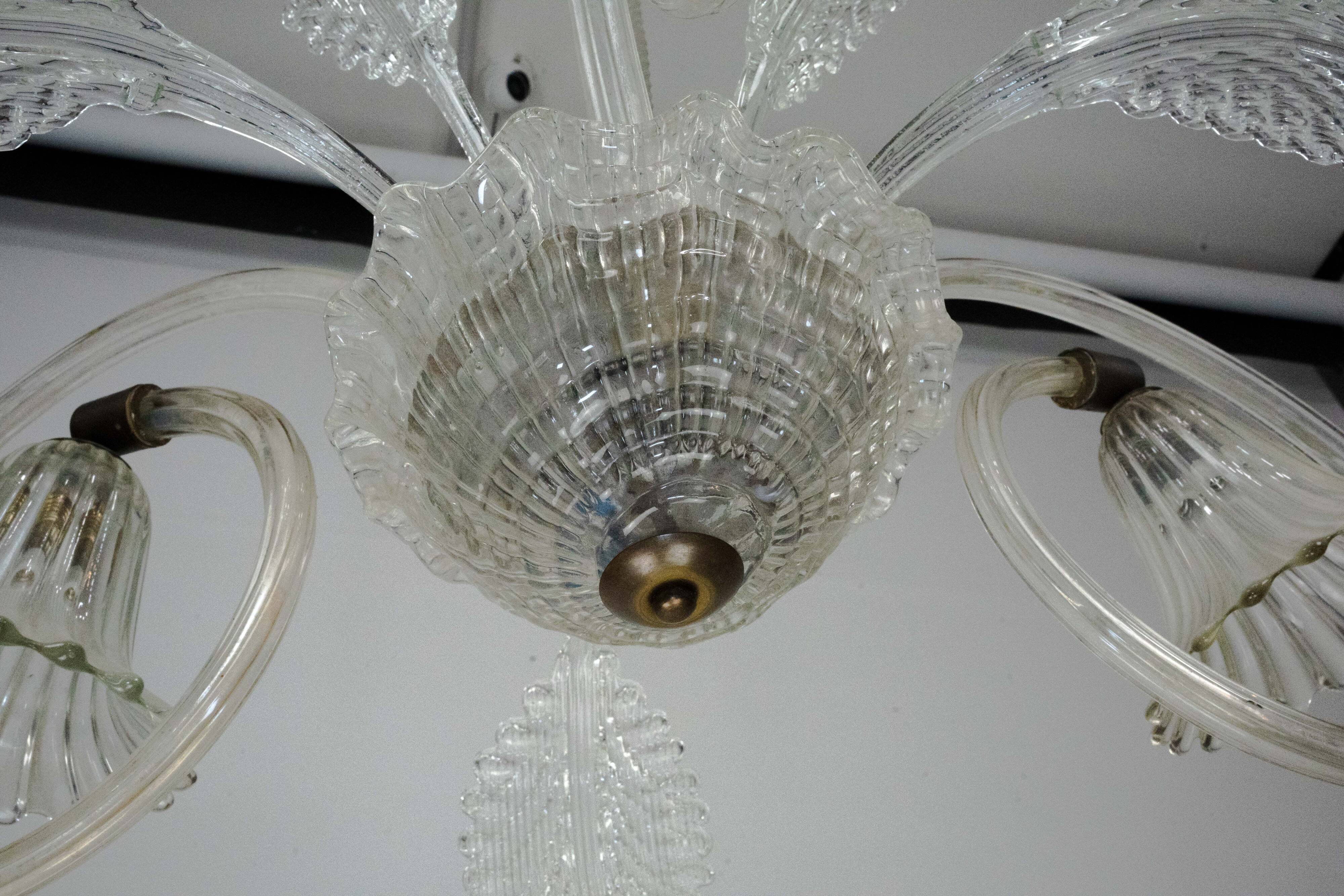 Art Deco Murano Glass Three-Arm Chandelier, Italy, 1940s