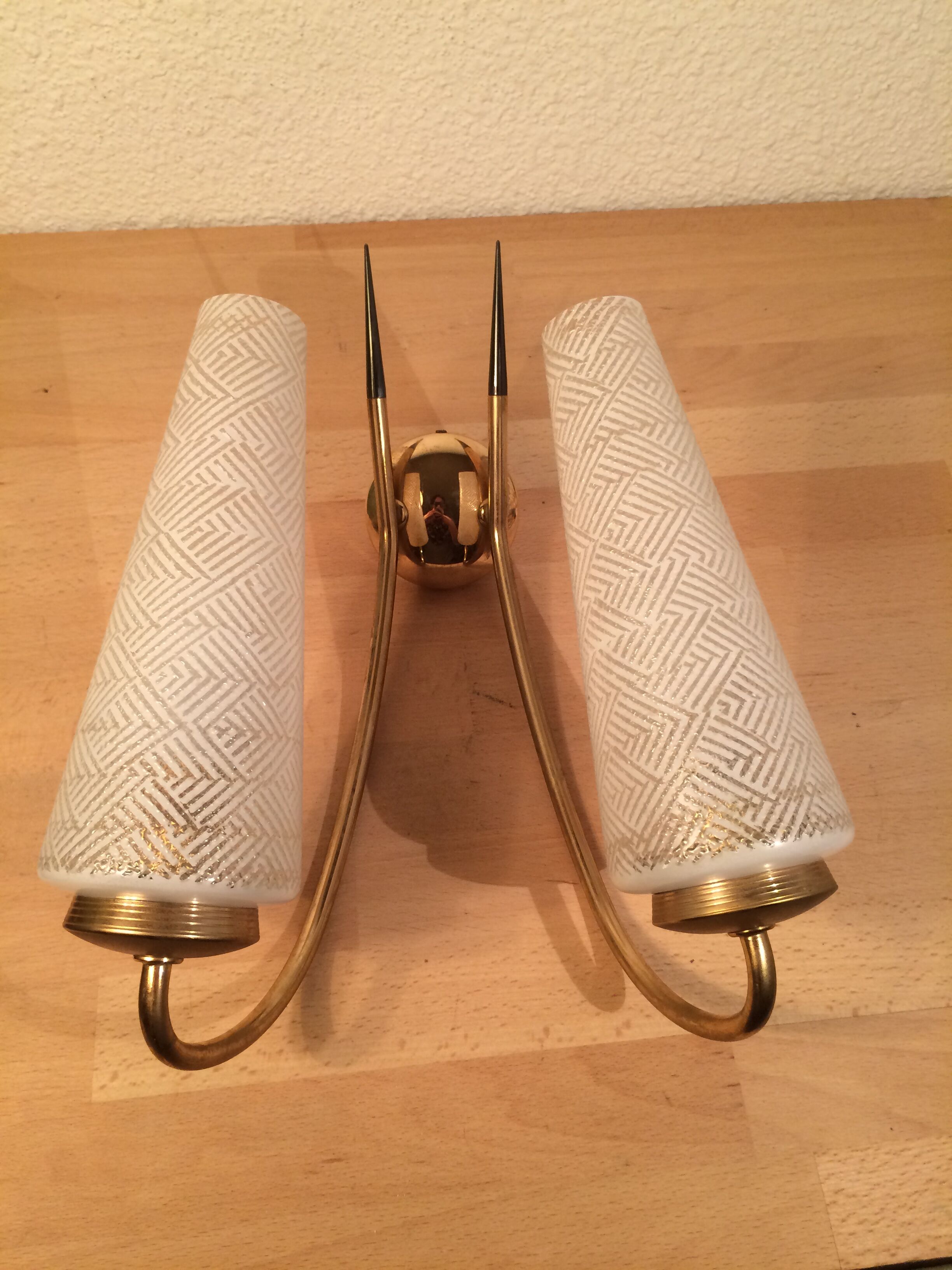 Double Arlus 50s wall lamp, brass and glass