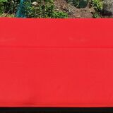 Vintage sofa 3 places convertible, red fabric and black skaï.1960s.