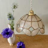 Vintage pendant lampshade in white and blue mother-of-pearl and brass