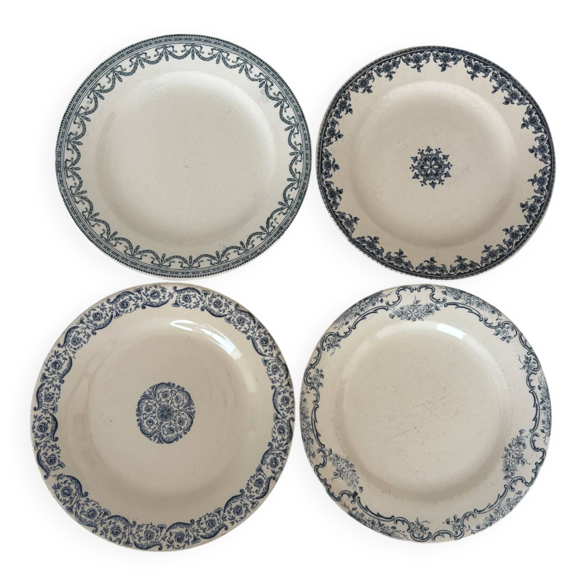 Lot 4 assiettes plate terre de fer bleu faïence ancienne - terre de fe
