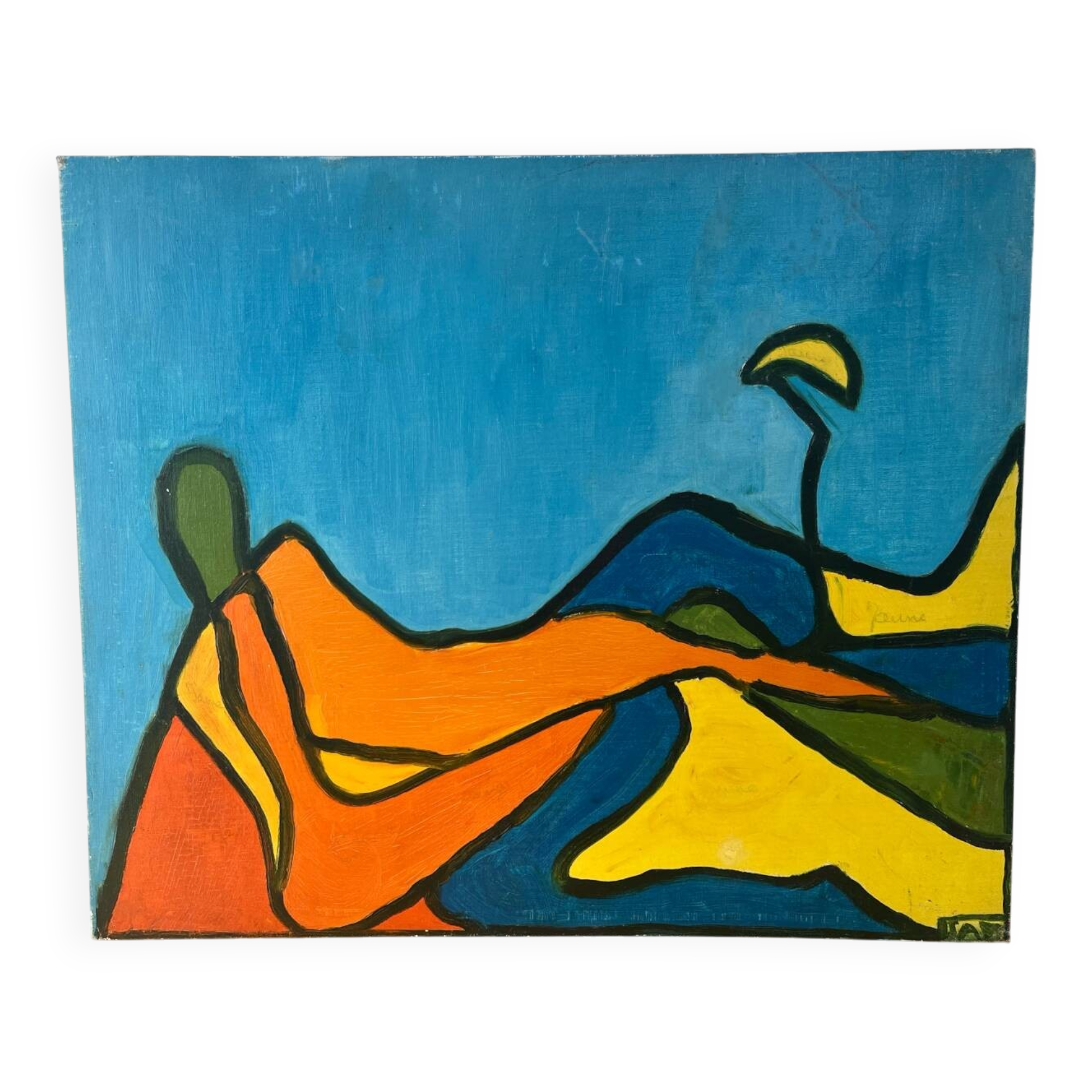 Abstract woman lying down, oil on cardboard signed.