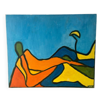 Abstract woman lying down, oil on cardboard signed.
