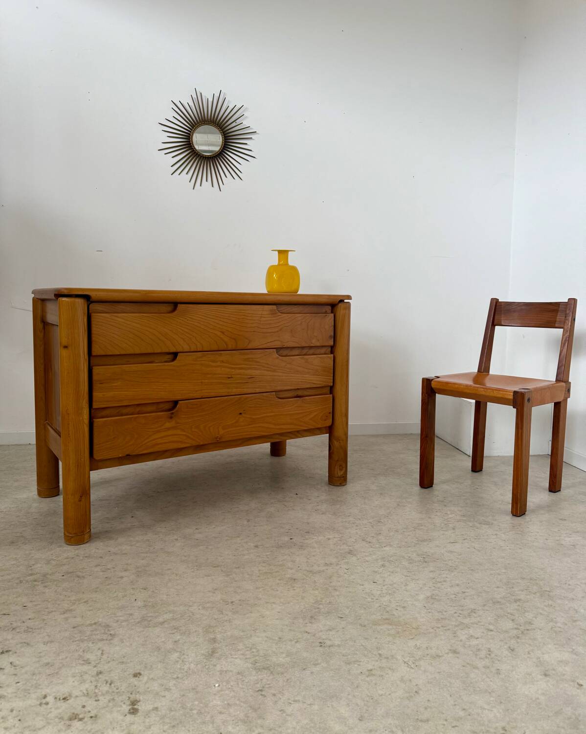 Antique solid elm chest of drawers, French design from the 60s, Maison Regain vintage