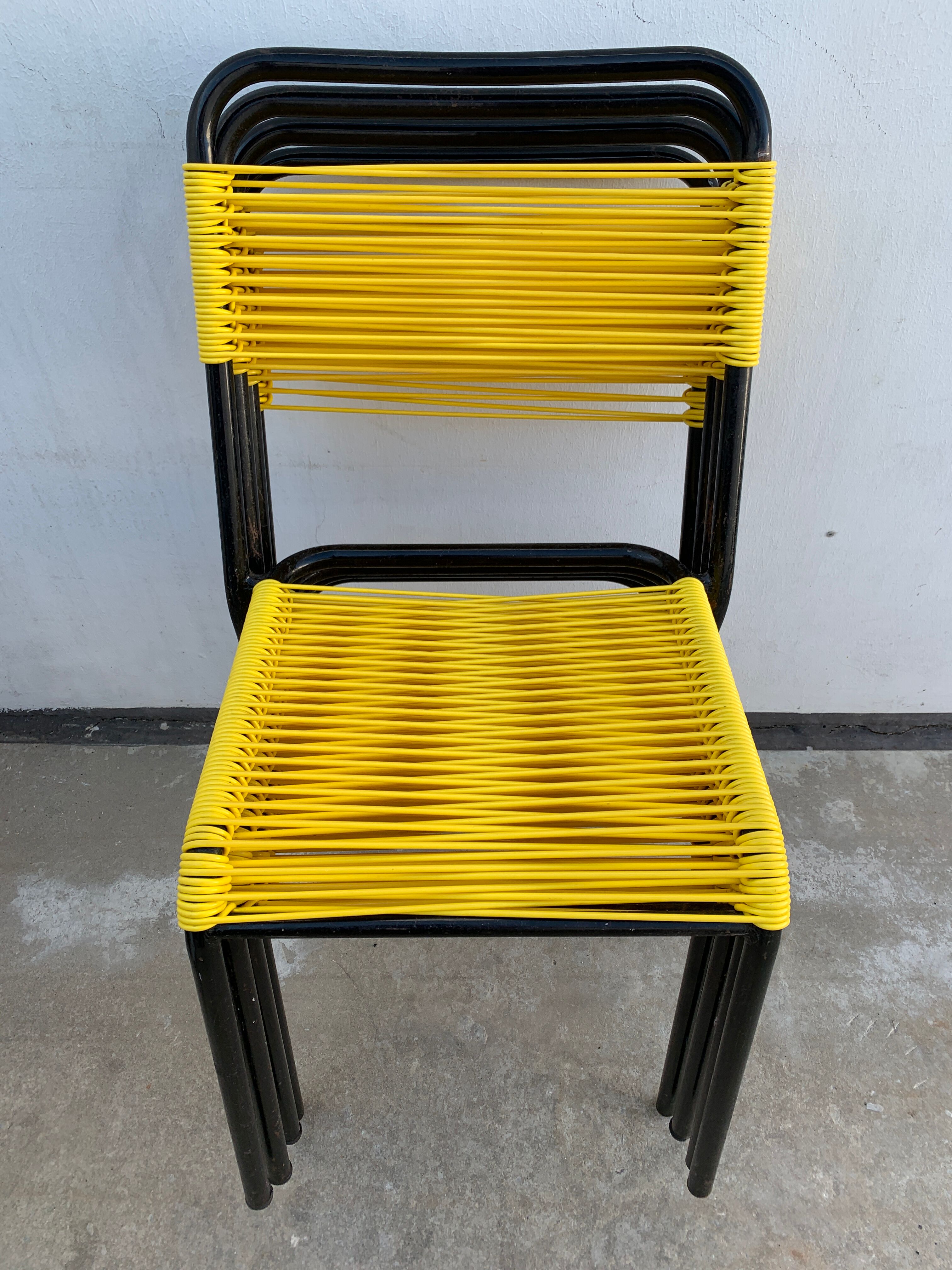 4 yellow scoubidou chairs, 1950
