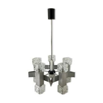Cubist chandelier space age with 10 burners - stainless steel and brushed aluminum - design 1970