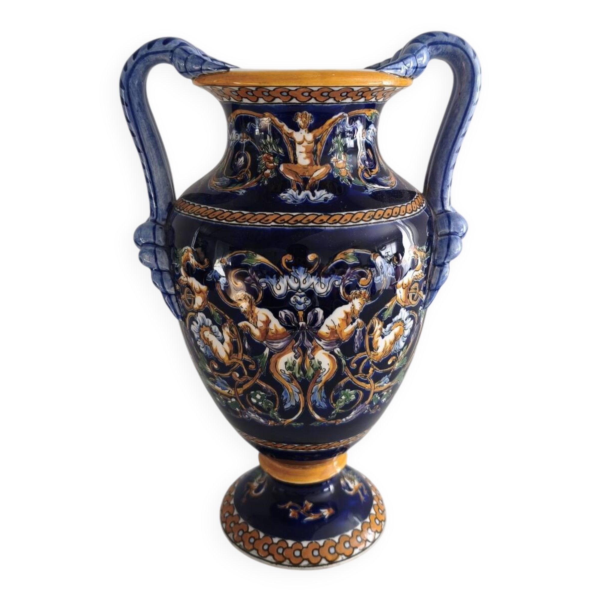 Vase balustre à anses faïence de Gien - Renaissance Bleu - H 28,5 cm
