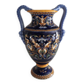 Vase balustre à anses faïence de Gien - Renaissance Bleu - H 28,5 cm