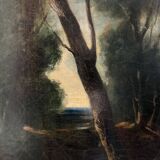Huile sur toile femme à l'ombrelle dans un sous-bois XIXe