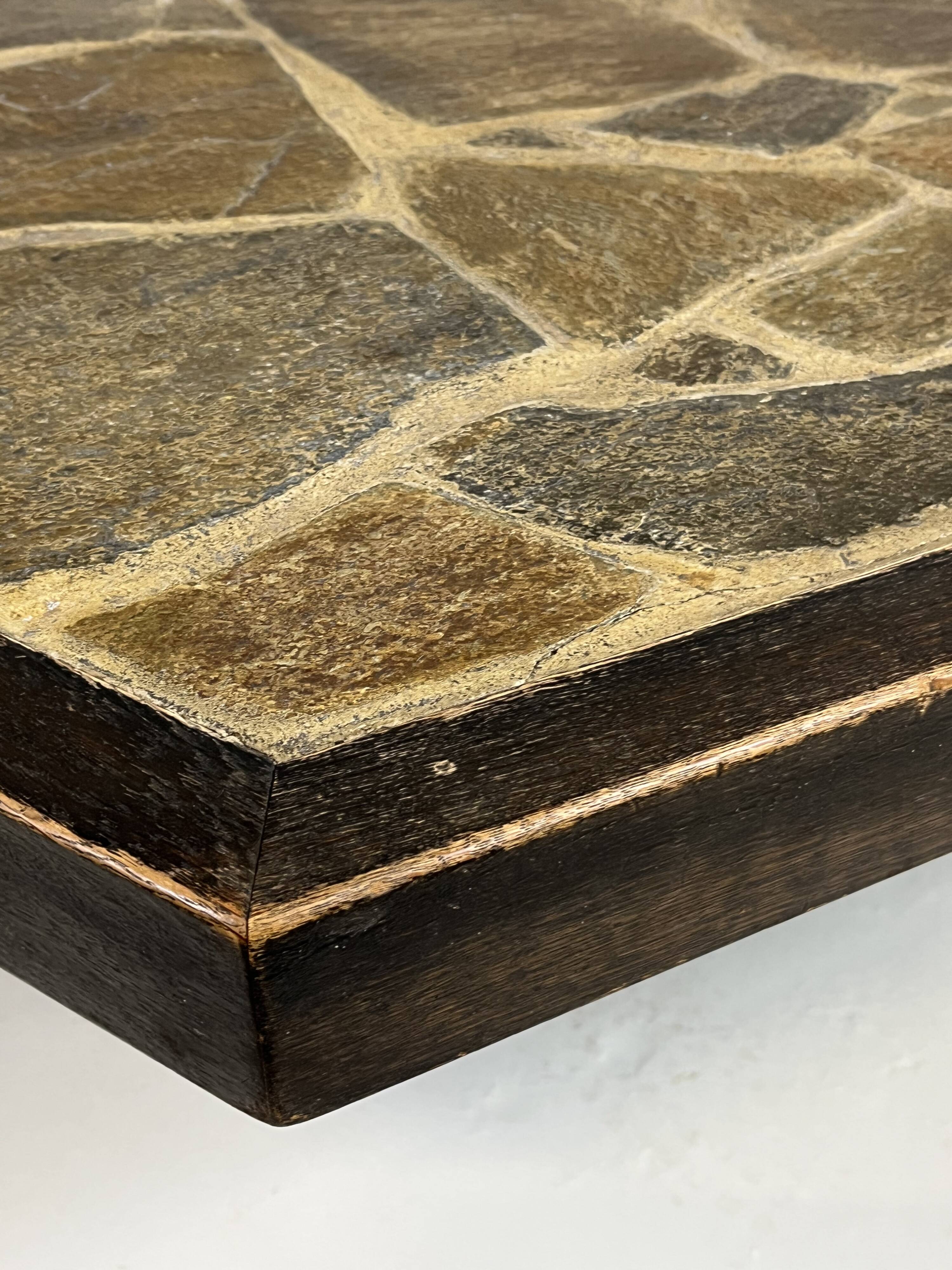 Large Brutalist Coffee Table in Oak and Stone Mosaic, 1960s