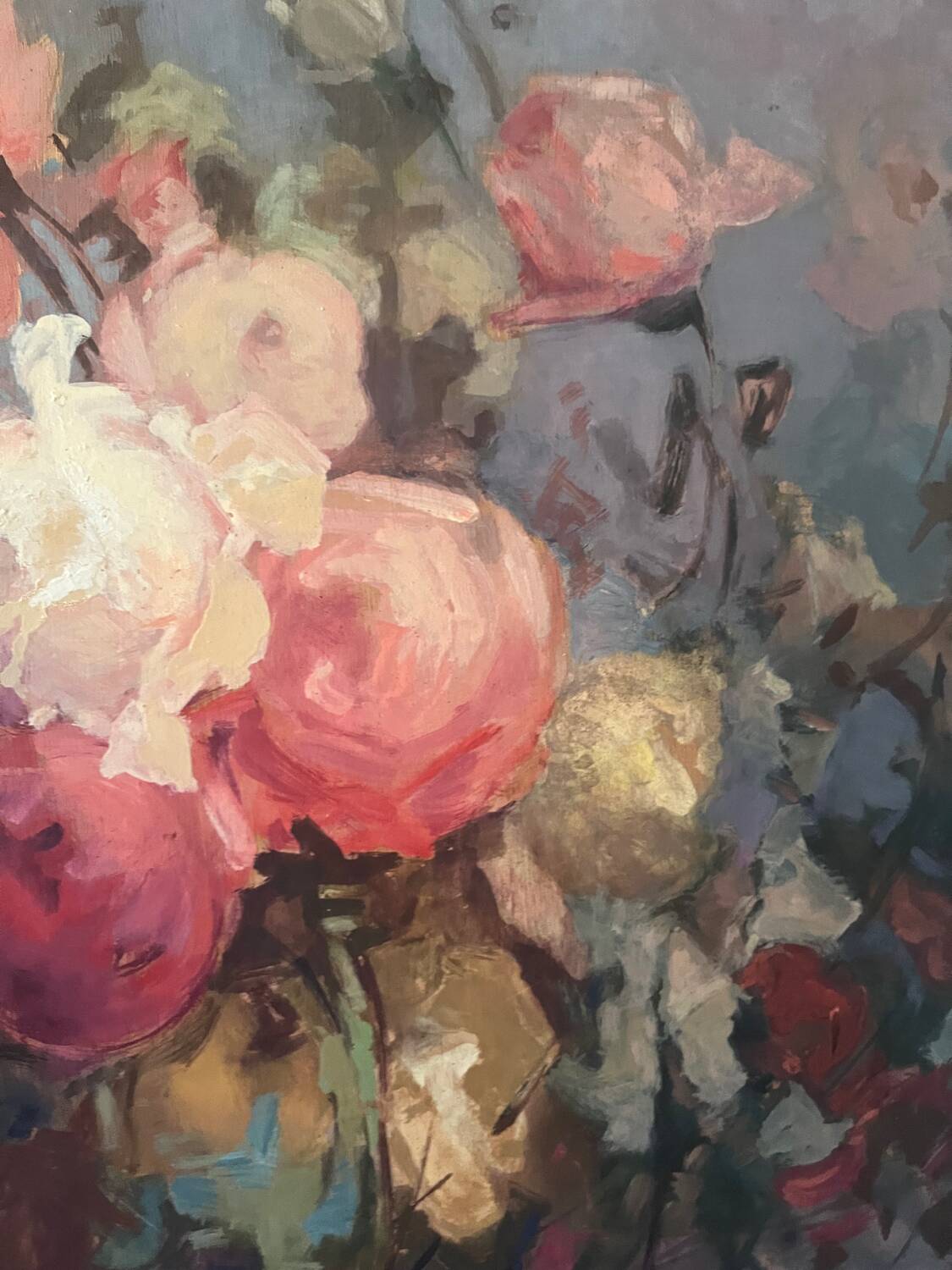 Large bouquet of roses, oil on wood panel, signed