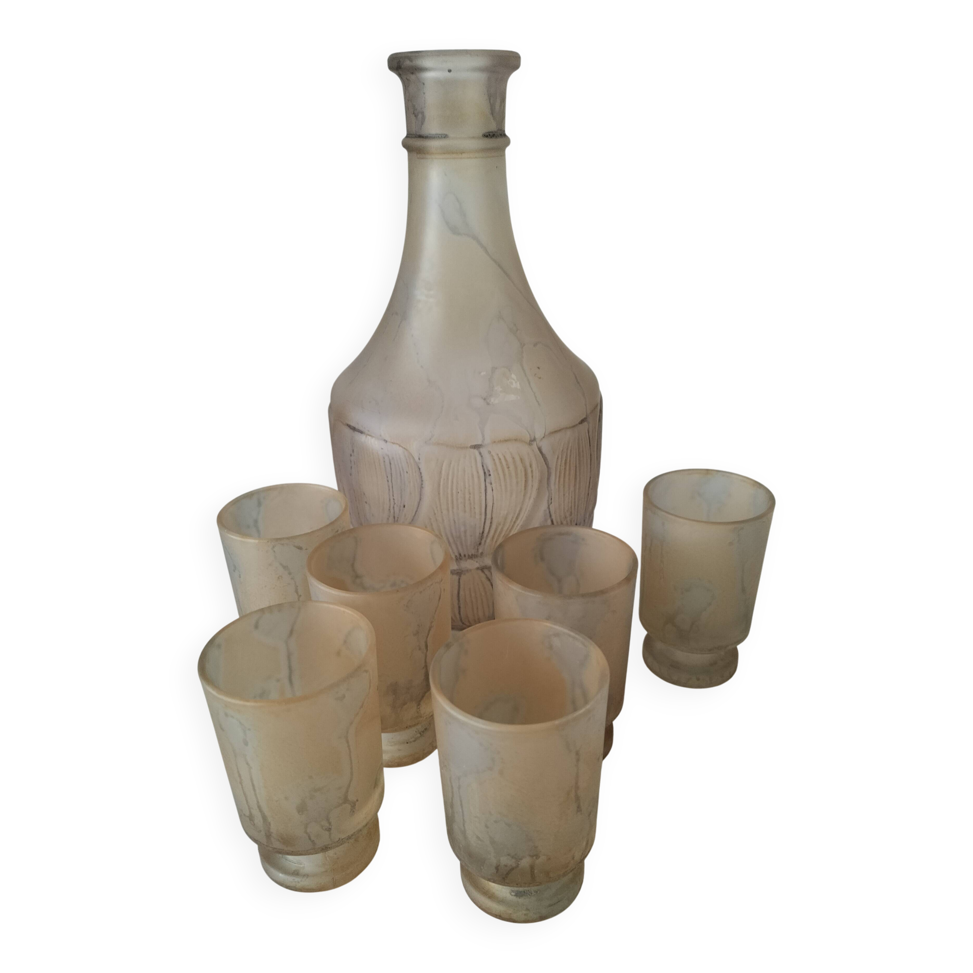 Frosted glass carafe and 6 stemmed glasses set