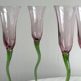 Set of 6 blown glass champagne glasses, green twisted feet