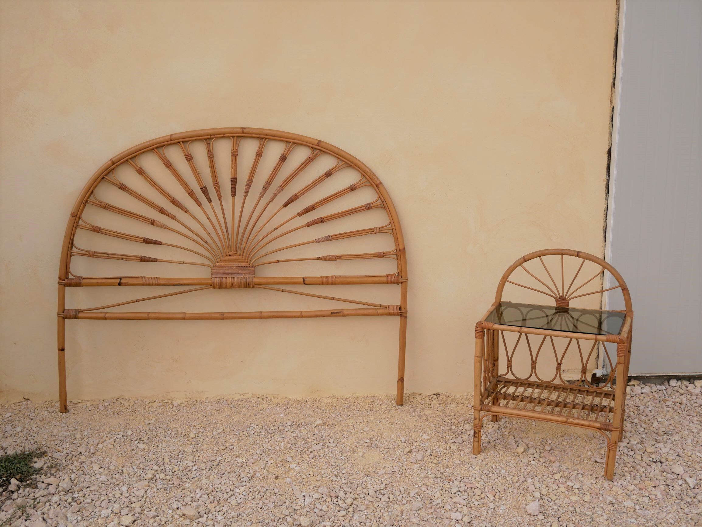 Rattan headboard and bedside table