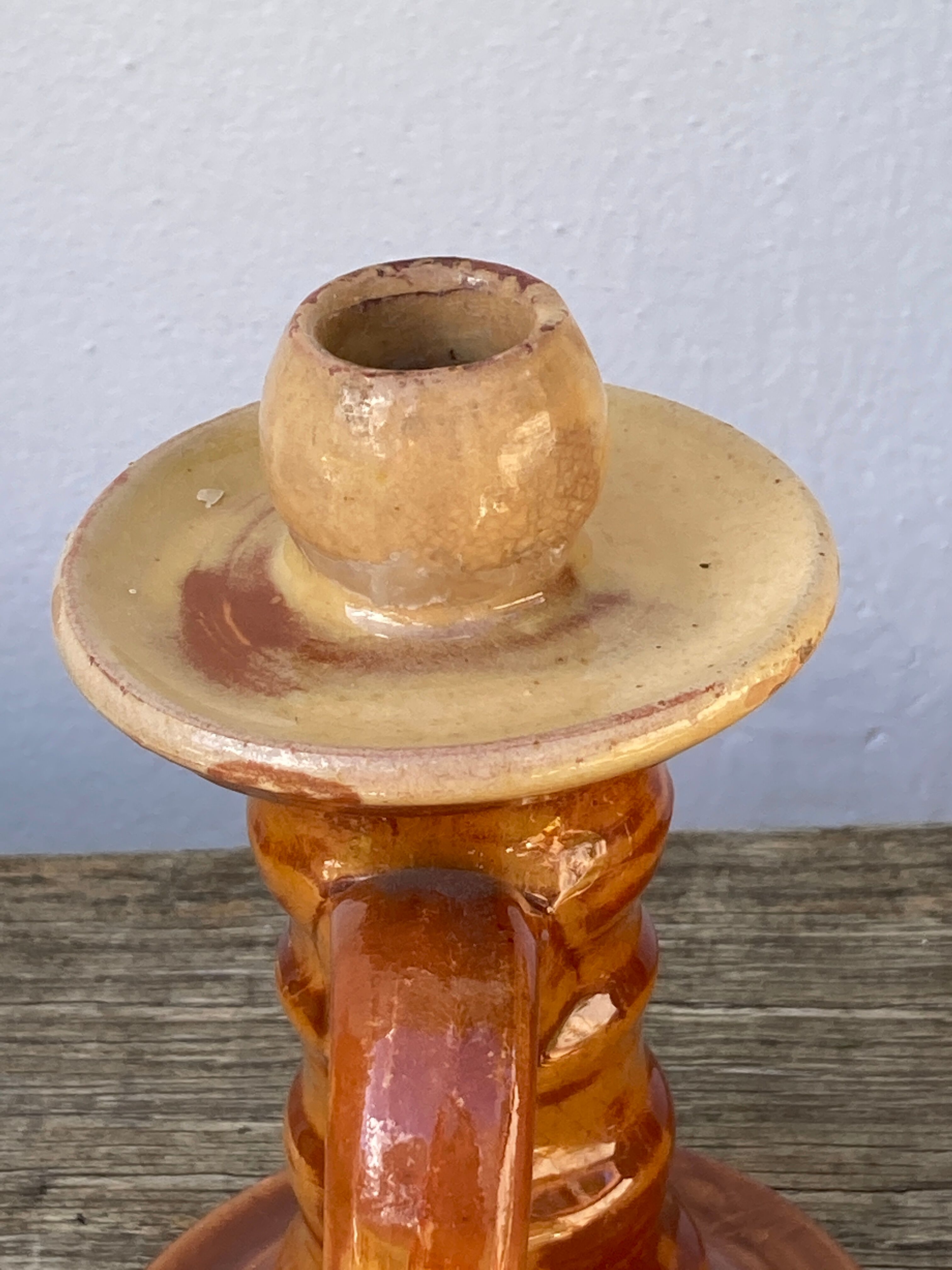 Pair of candle holder Tamegroute old terracotta enamelled brown and beige Moroccan berber