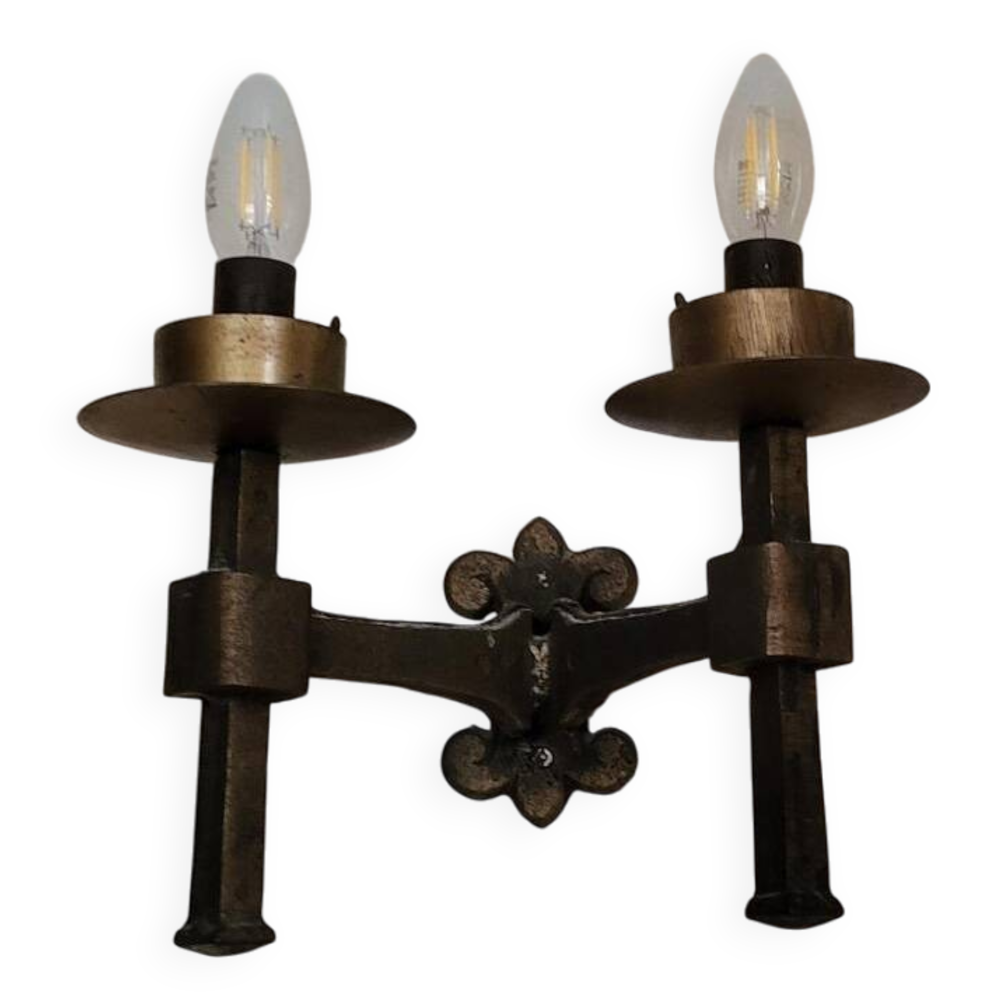 Rare set of 7 wall lights in hammered solid bronze - Raymond Subes style