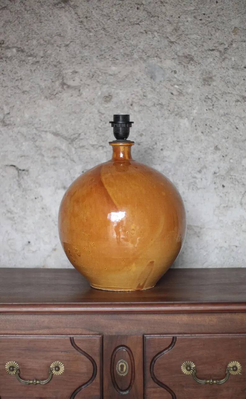 Large glazed terracotta lamp, signed globe lamp, vintage lamp, table lamp, living room lamp, interior decoration.